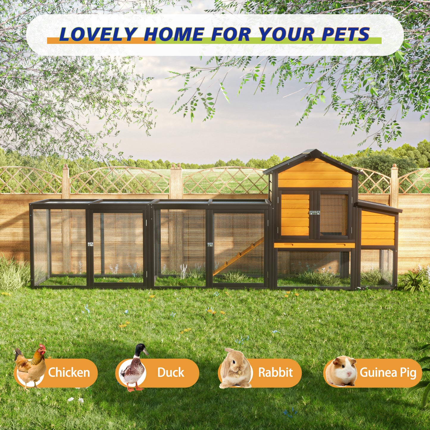 Chicken Coop With Run, 7 Doors and Expandable Design
