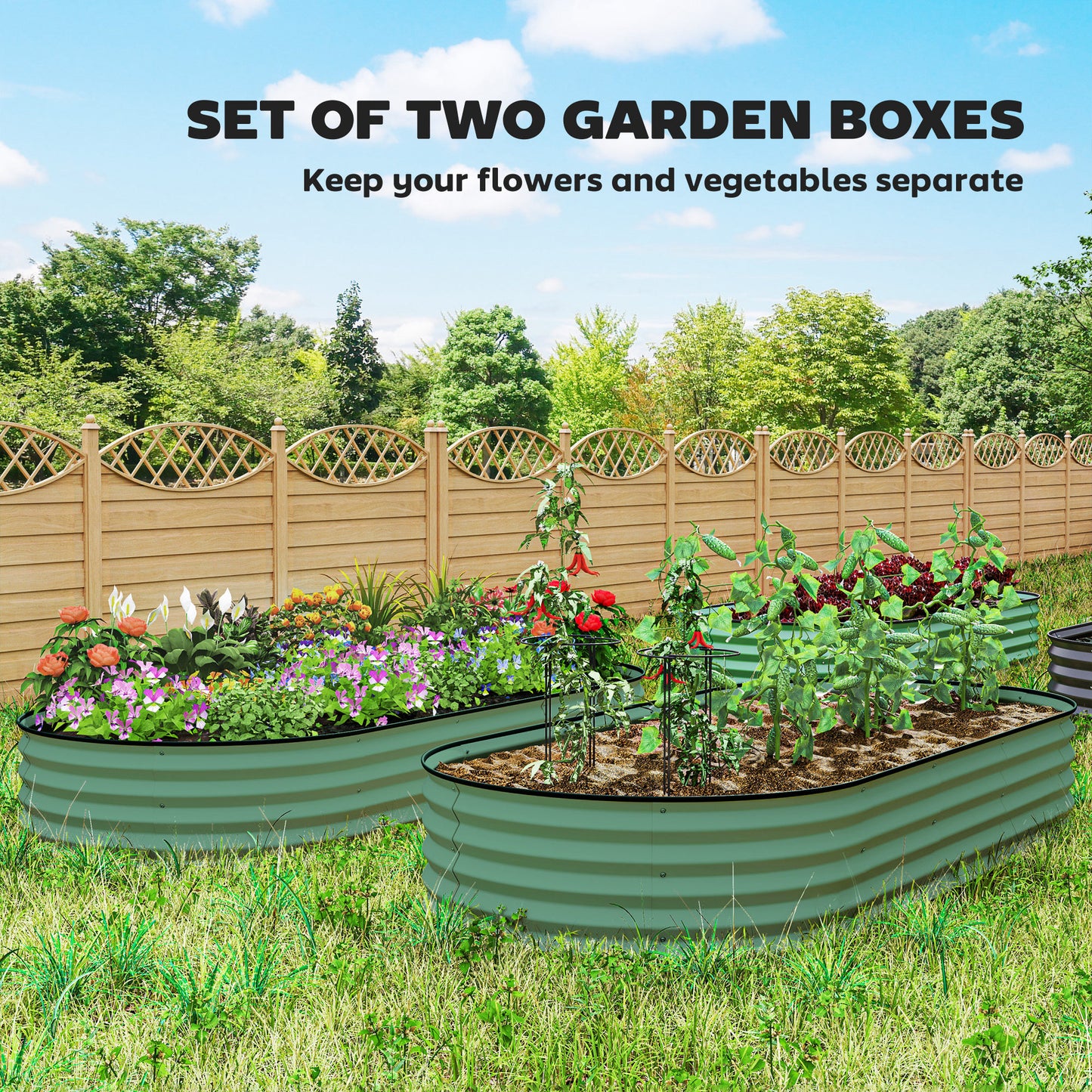 2 Piece Raised Garden Bed Set with Metal Plant Stakes, Green