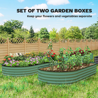 2 Piece Raised Garden Bed Set with Metal Plant Stakes, Green
