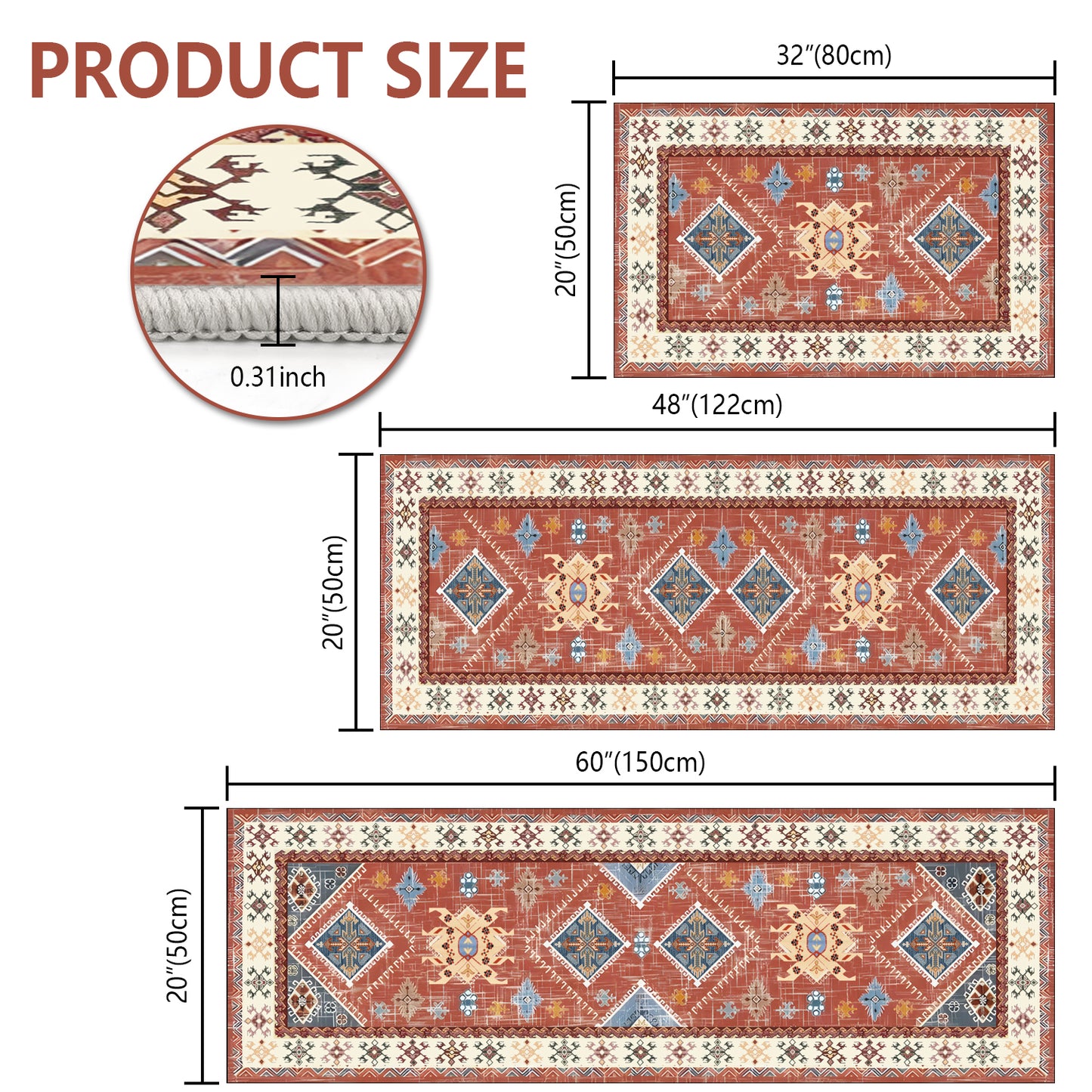Boho Kitchen Rug Sets 3 Piece With Runner Non Slip/Washable