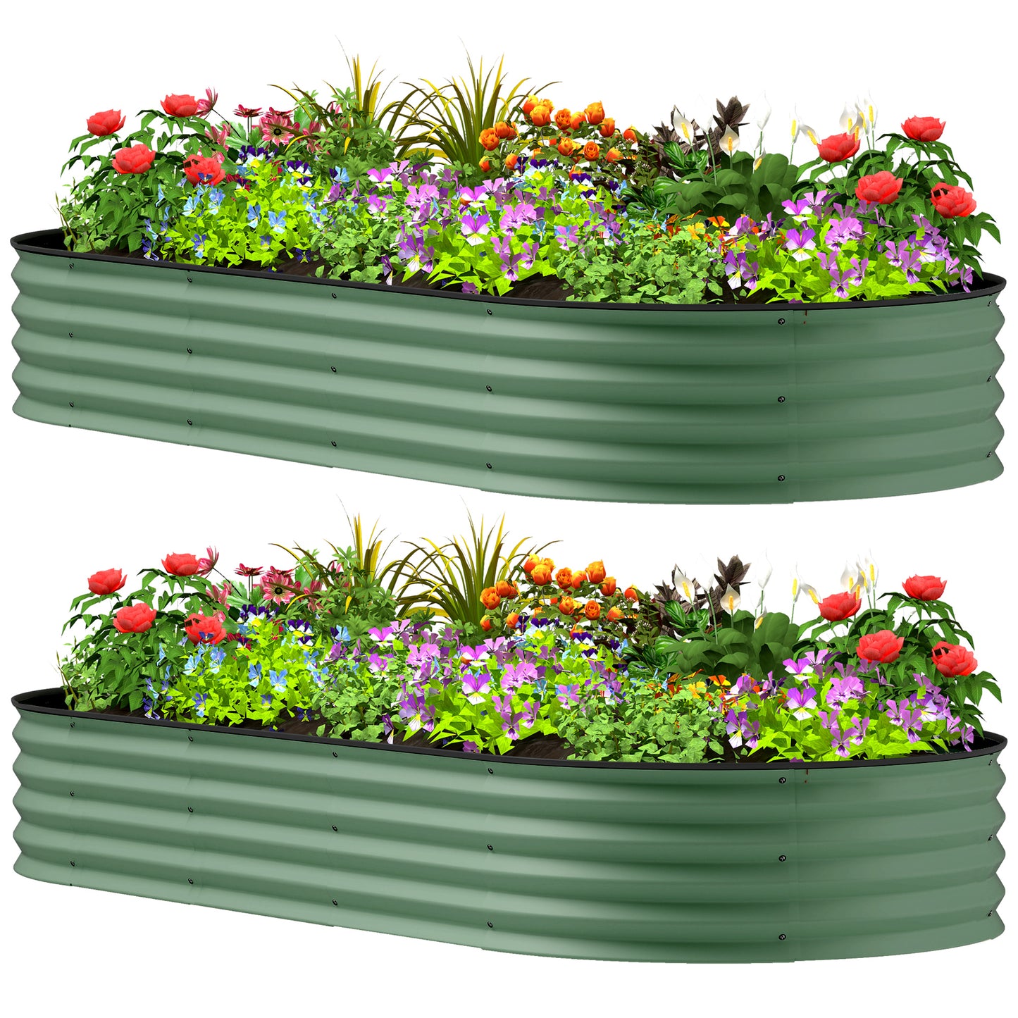 2 Piece Raised Garden Bed Set with Metal Plant Stakes, Green