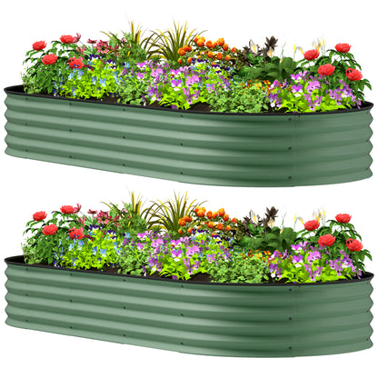 2 Piece Raised Garden Bed Set with Metal Plant Stakes, Green