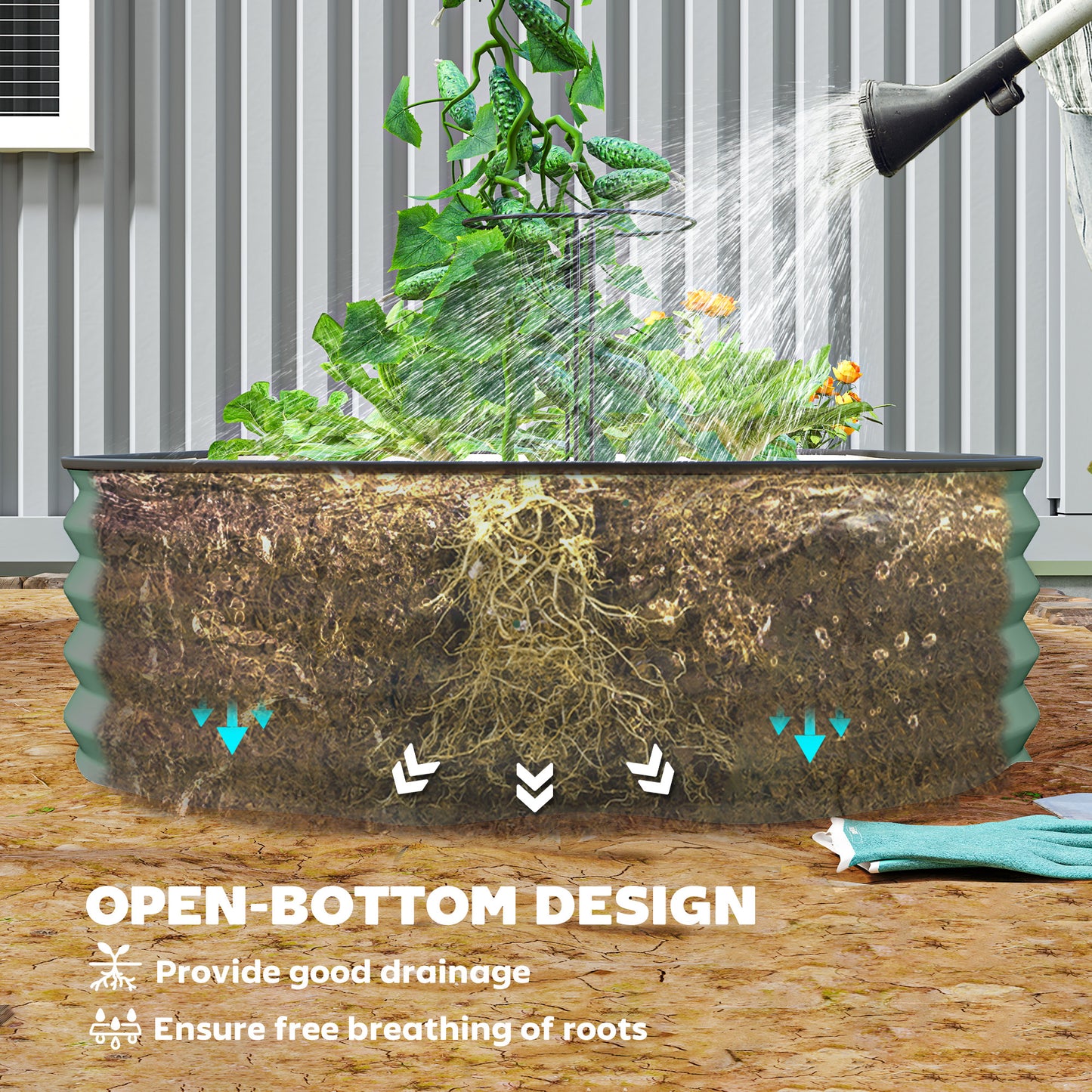 2 Piece Raised Garden Bed Set with Metal Plant Stakes, Green