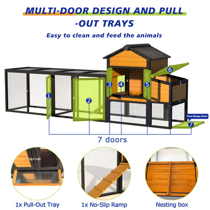 Chicken Coop With Run, 7 Doors and Expandable Design