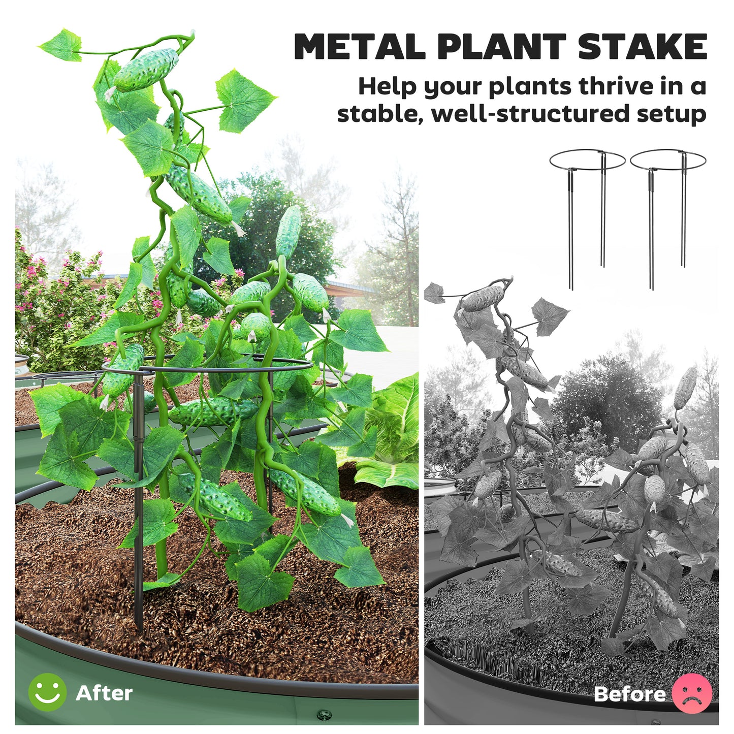 2 Piece Raised Garden Bed Set with Metal Plant Stakes, Green