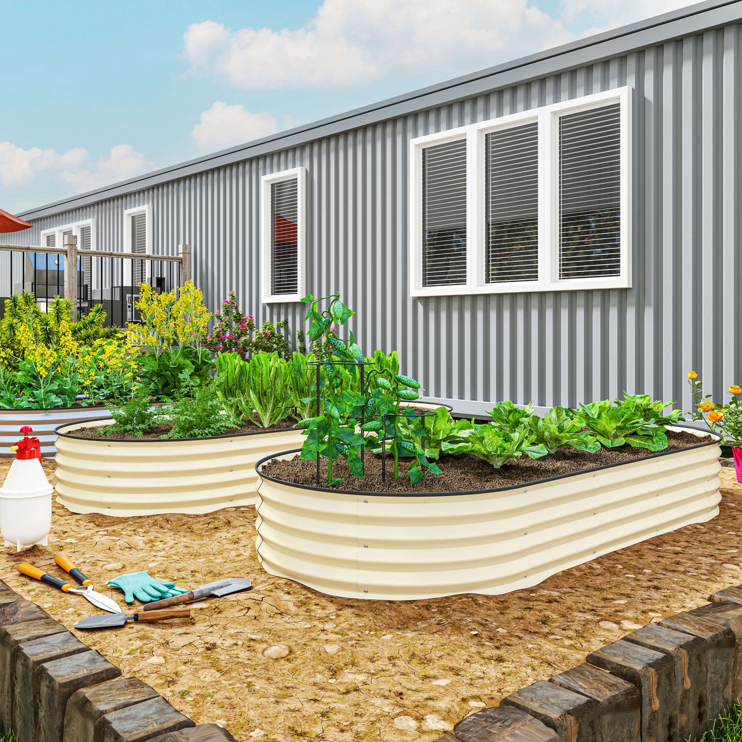 2 Piece Raised Garden Bed Set, Cream White