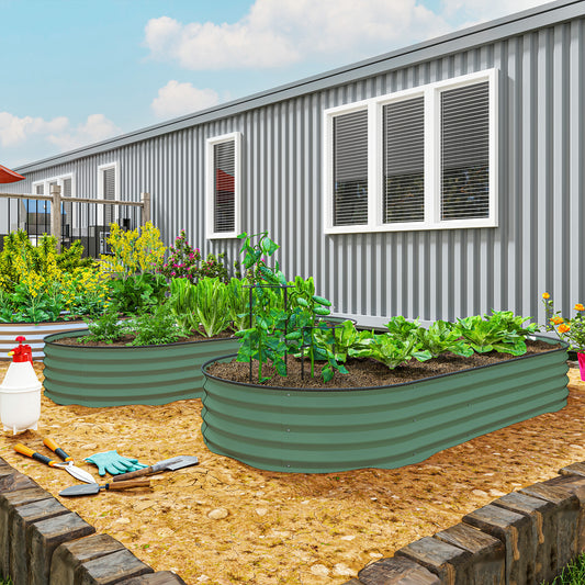 2 Piece Raised Garden Bed Set with Metal Plant Stakes, Green