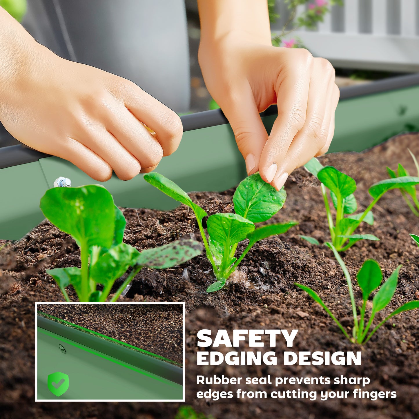 2 Piece Raised Garden Bed Set with Metal Plant Stakes, Green
