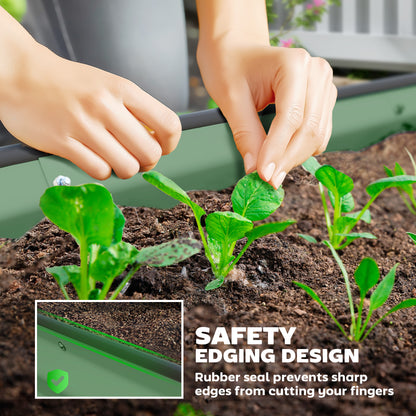 2 Piece Raised Garden Bed Set with Metal Plant Stakes, Green